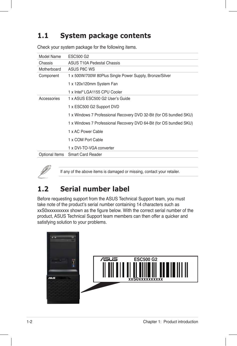 1 system package contents, 2 serial number label, System package contents -2 | Serial number label -2 | Asus ESC500 G2 User Manual | Page 12 / 140