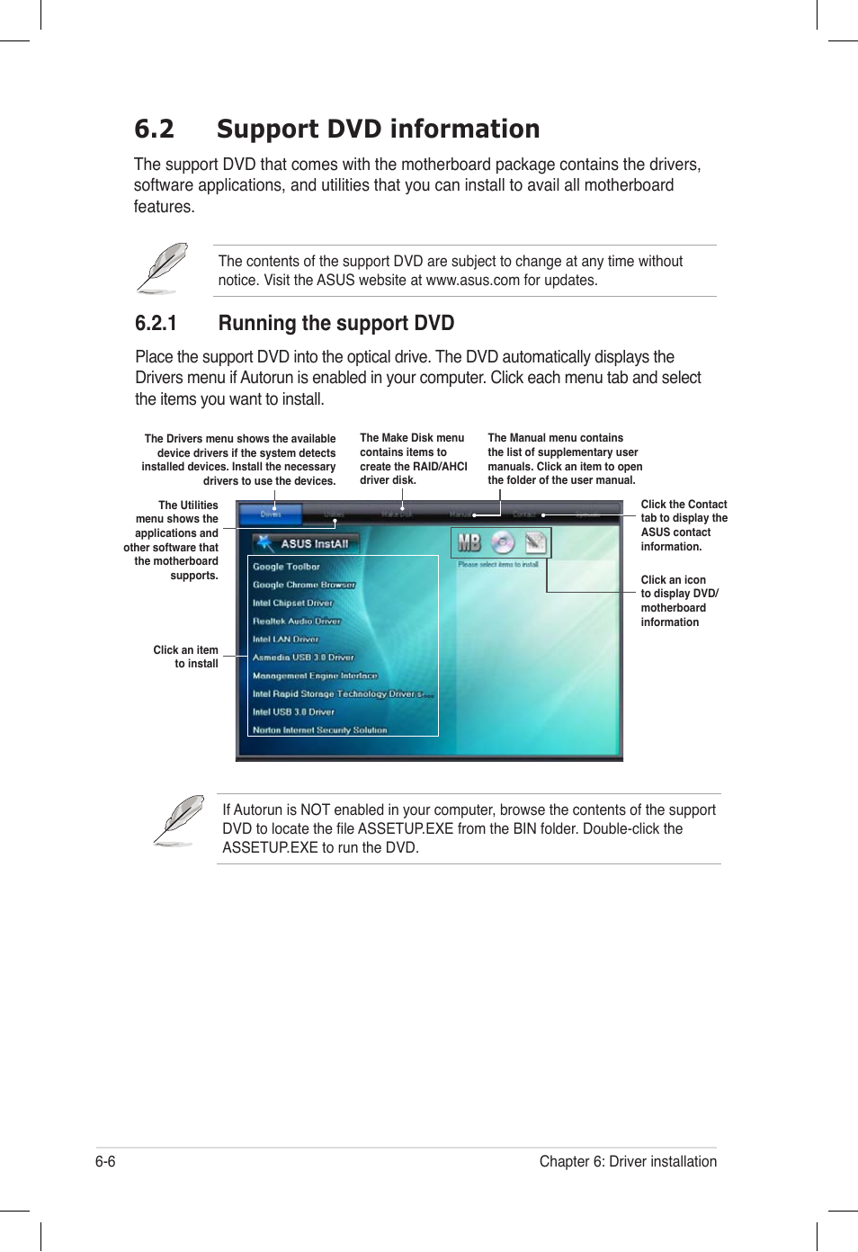 2 support dvd information, 1 running the support dvd, Support dvd information -6 6.2.1 | Running the support dvd -6 | Asus ESC500 G2 User Manual | Page 124 / 140