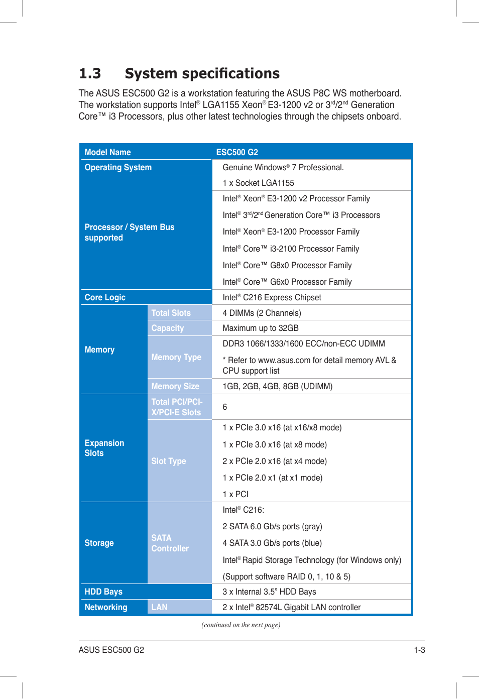 3 system specifications, System specifications -3 | Asus ESC500 G2 User Manual | Page 13 / 140