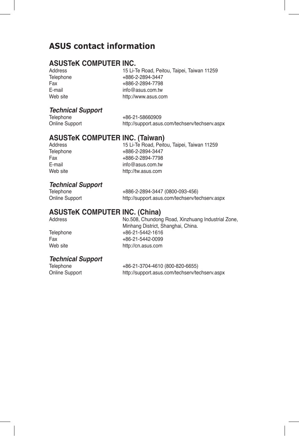 Asus contact information, Asustek computer inc, Asustek computer inc. (taiwan) | Asustek computer inc. (china), Technical support | Asus ESC500 G2 User Manual | Page 139 / 140