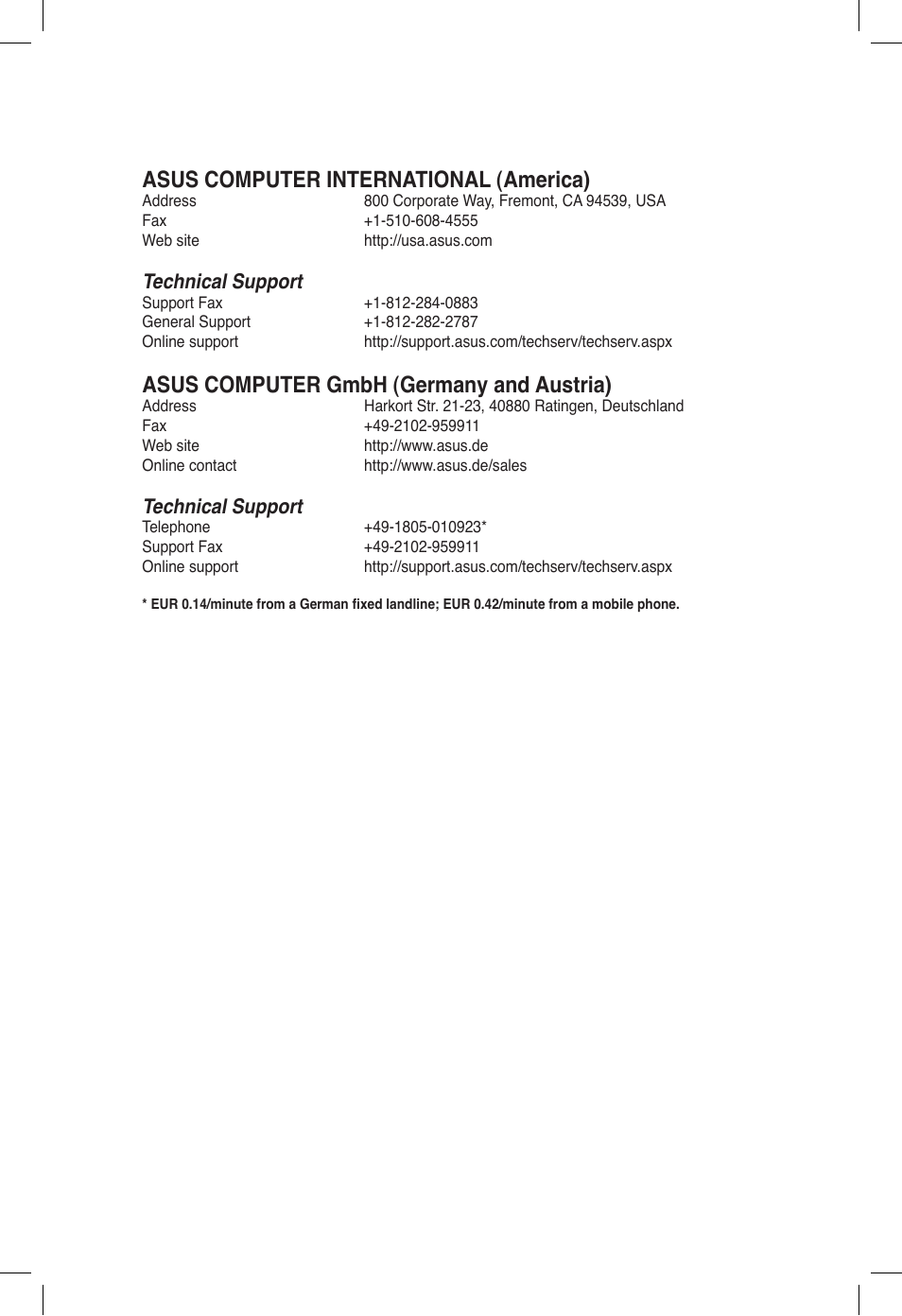 Asus computer international (america), Asus computer gmbh (germany and austria), Technical support | Asus ESC500 G2 User Manual | Page 140 / 140