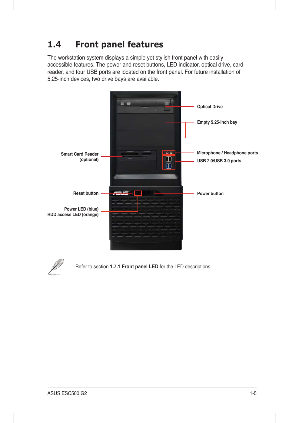4 front panel features, Front panel features -5 | Asus ESC500 G2 User Manual | Page 15 / 140