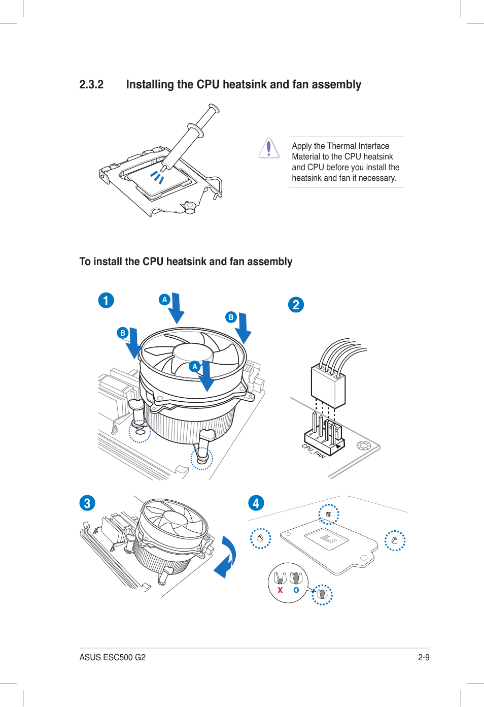 2 installing the cpu heatsink and fan assembly, Installing the cpu heatsink and fan assembly -9 | Asus ESC500 G2 User Manual | Page 27 / 140