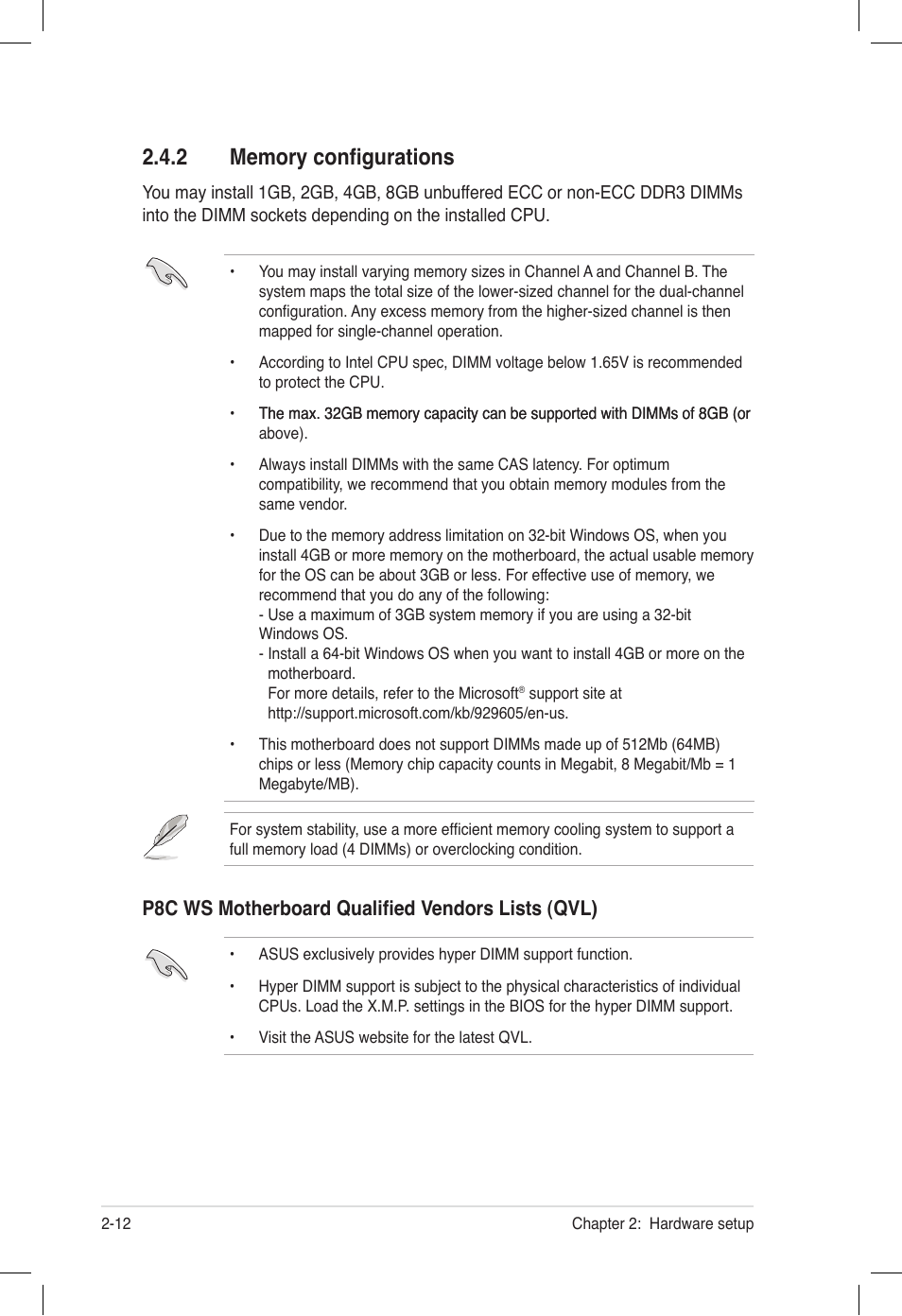 2 memory configurations, Memory configurations -12, P8c ws motherboard qualified vendors lists (qvl) | Asus ESC500 G2 User Manual | Page 30 / 140