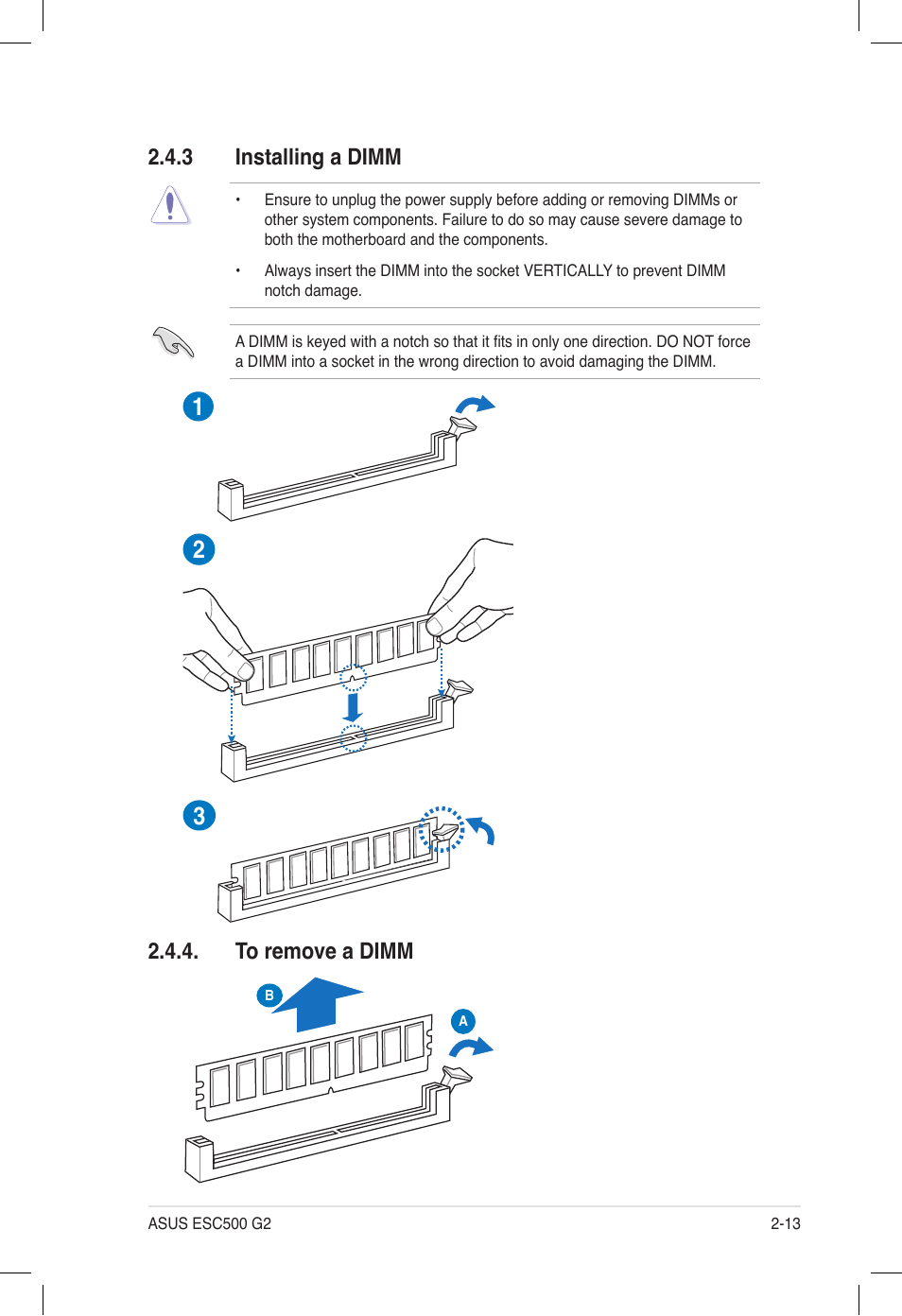 3 installing a dimm, To remove a dimm, Installing a dimm -13 | To remove a dimm -13 | Asus ESC500 G2 User Manual | Page 31 / 140