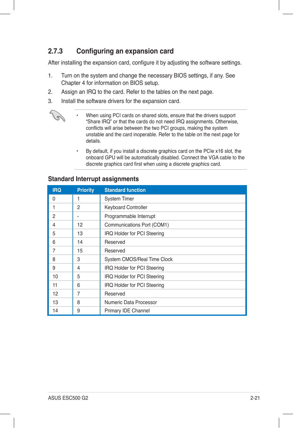 3 configuring an expansion card, Configuring an expansion card -21, Standard interrupt assignments | Asus ESC500 G2 User Manual | Page 39 / 140