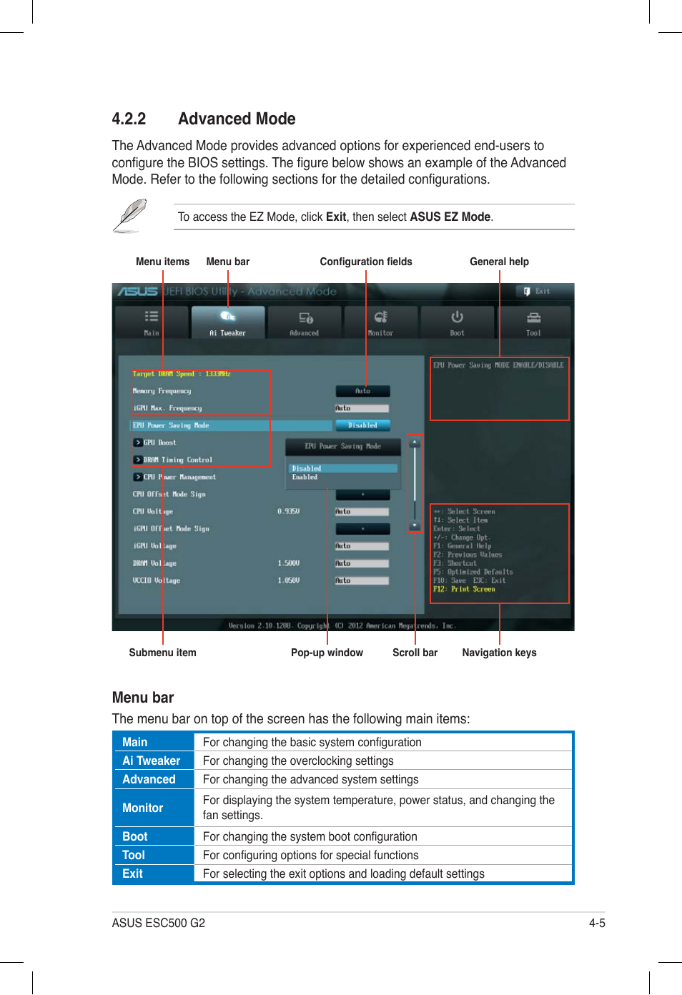 2 advanced mode, Advanced mode -5, Menu bar | Asus ESC500 G2 User Manual | Page 73 / 140