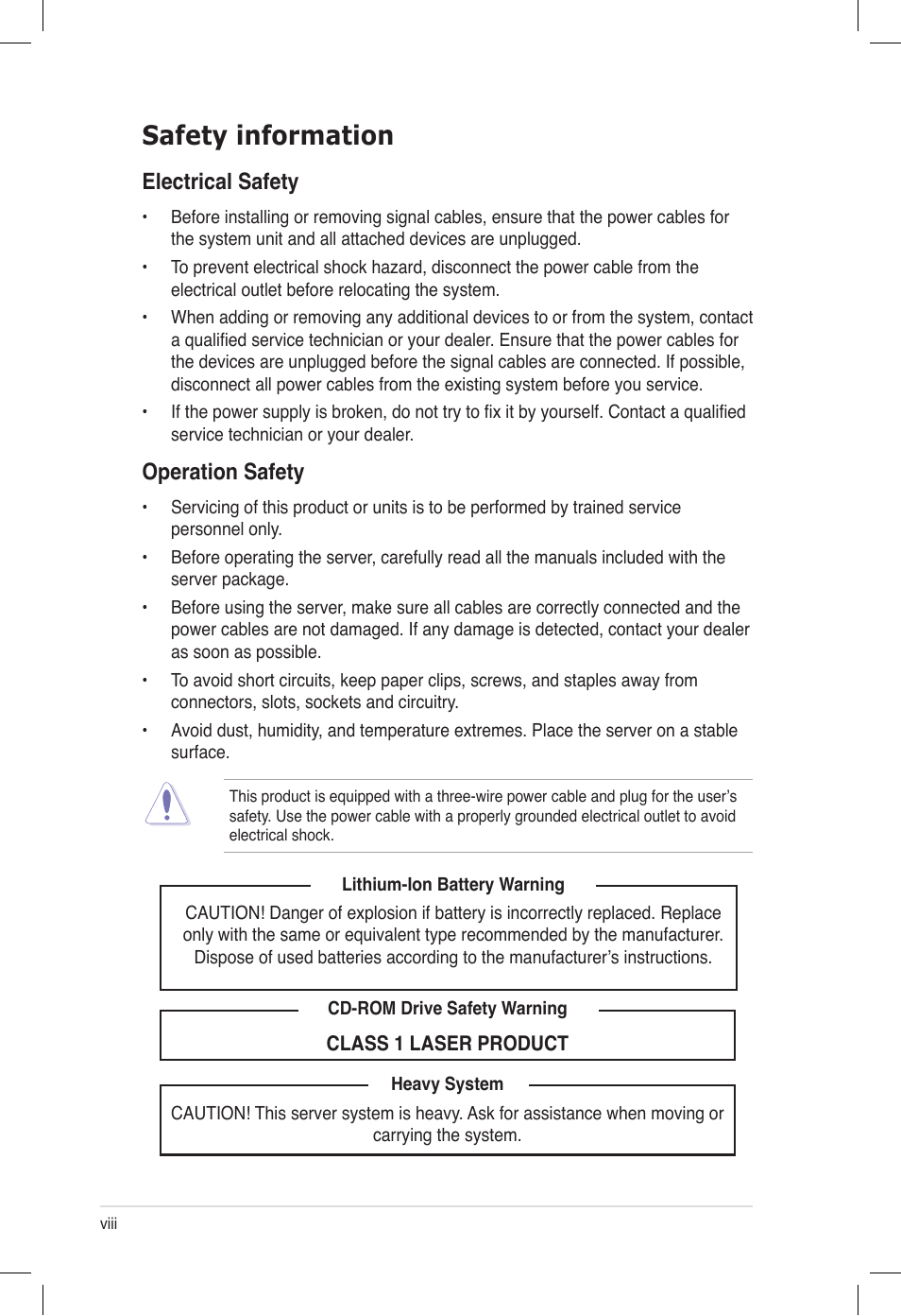 Safety information, Electrical safety, Operation safety | Asus ESC500 G2 User Manual | Page 8 / 140
