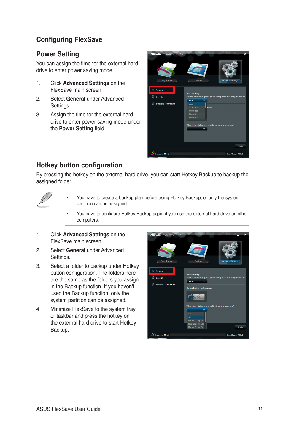 Configuring flexsave, Configuring flexsave power setting, Hotkey button configuration | Asus Lamborghini External HDD User Manual | Page 11 / 14