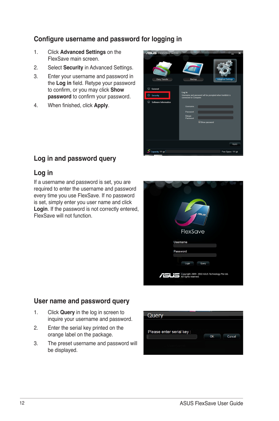 Configure username and password for logging in, Log in and password query, Log in and password query log in | User name and password query | Asus Lamborghini External HDD User Manual | Page 12 / 14