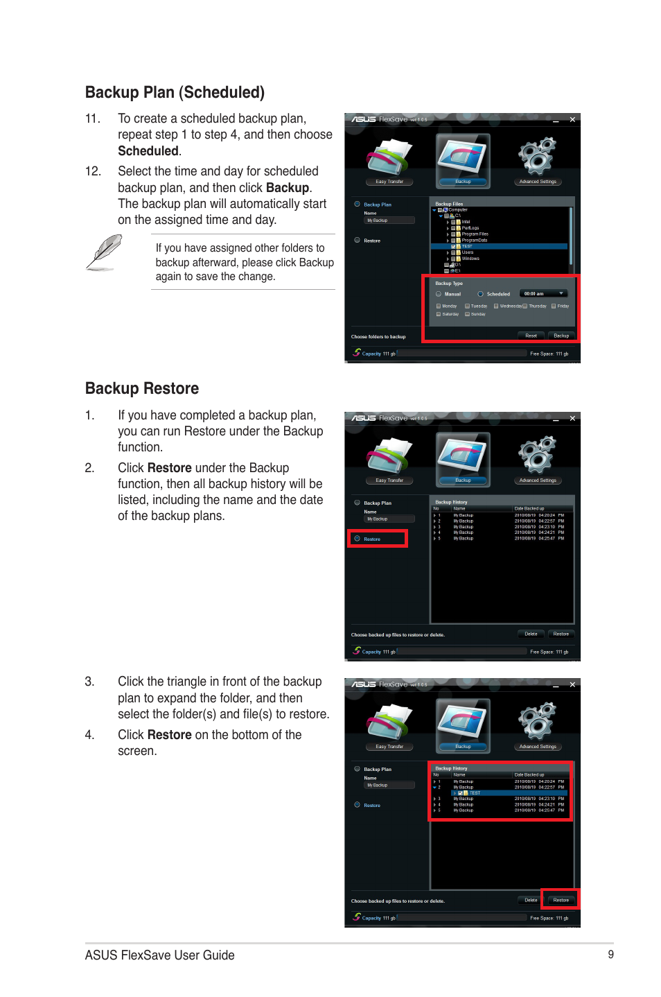 Backup plan (scheduled), Backup restore | Asus Lamborghini External HDD User Manual | Page 9 / 14