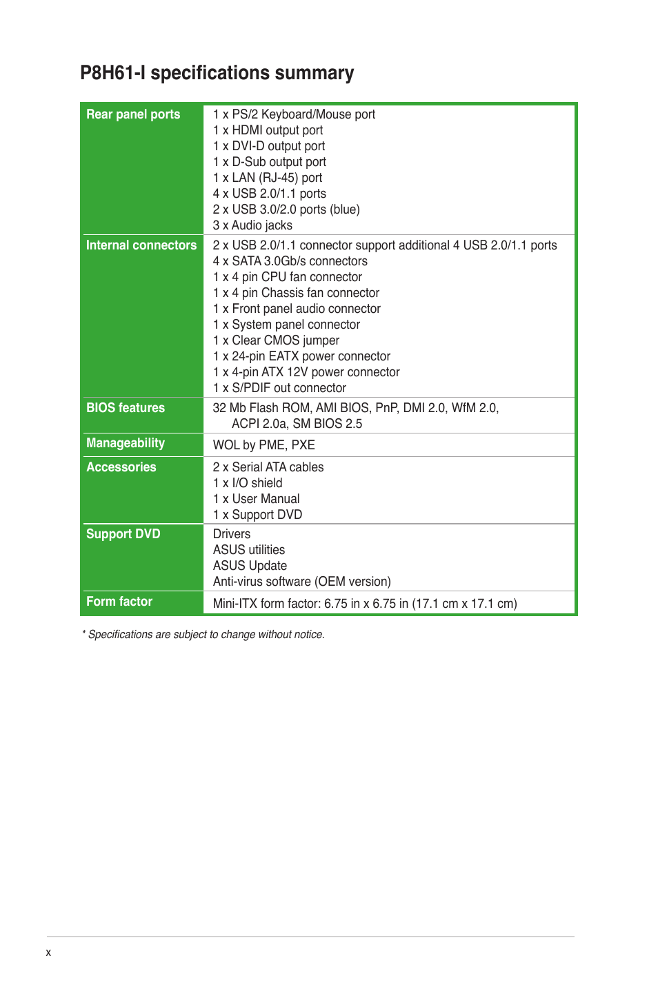 P8h61-i specifications summary | Asus P8H61-I User Manual | Page 10 / 57