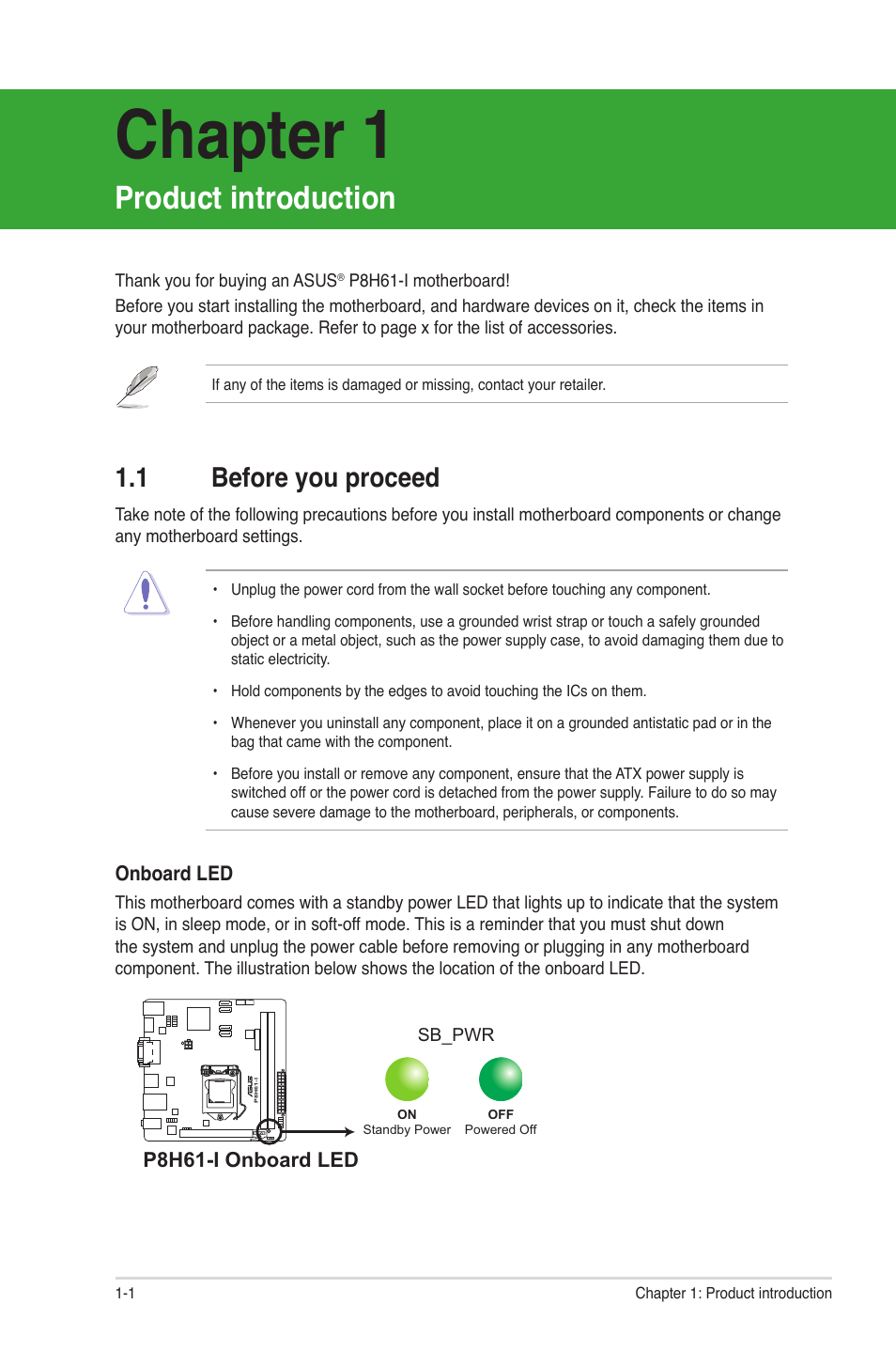 Chapter 1, Product introduction, 1 before you proceed | Before you proceed -1 | Asus P8H61-I User Manual | Page 11 / 57