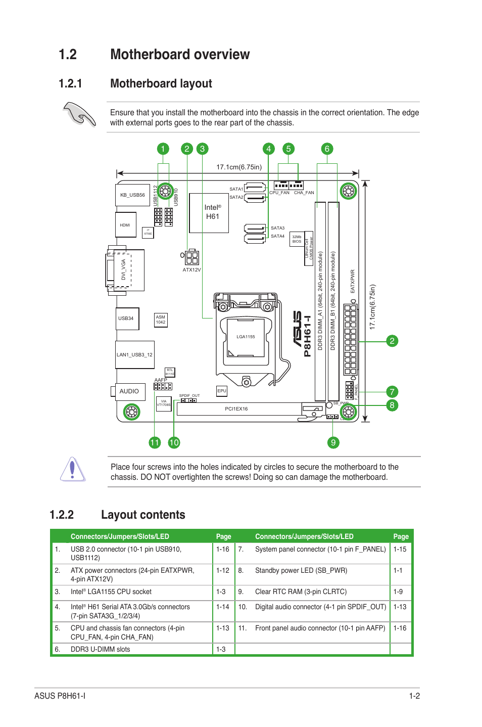 2 motherboard overview, 1 motherboard layout, 2 layout contents | Motherboard overview -2 1.2.1, Motherboard layout -2, Layout contents -2, P8h61- i | Asus P8H61-I User Manual | Page 12 / 57