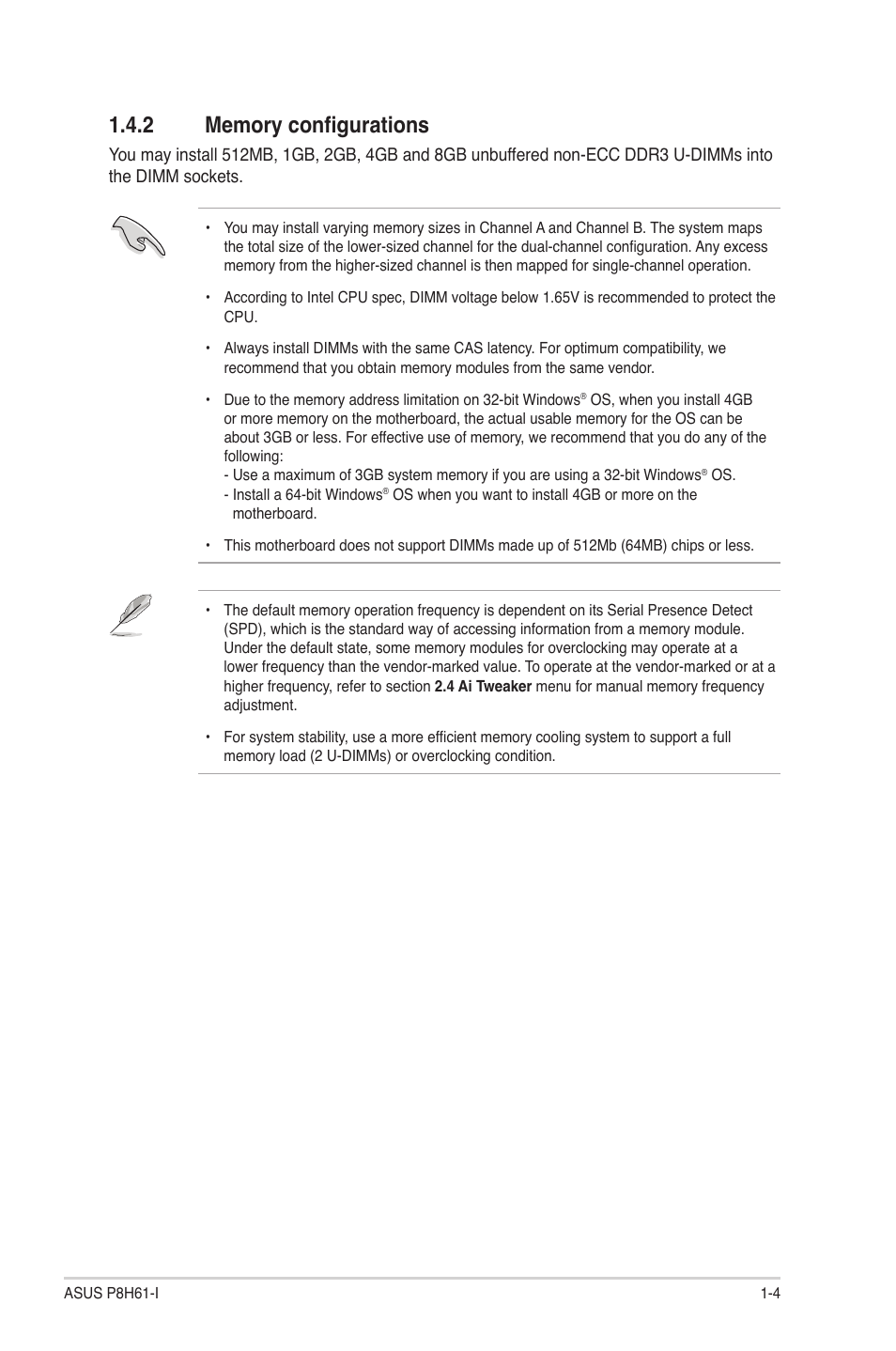 2 memory configurations, Memory configurations -4 | Asus P8H61-I User Manual | Page 14 / 57