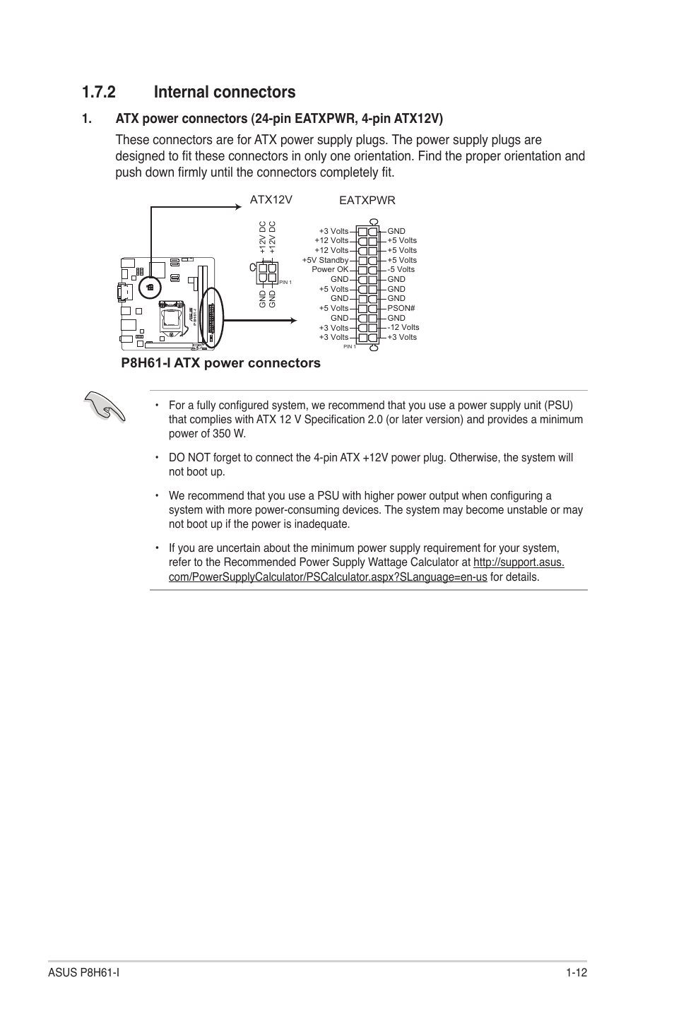 2 internal connectors, Internal connectors -12, P8h61-i atx power connectors | Asus P8H61-I User Manual | Page 22 / 57