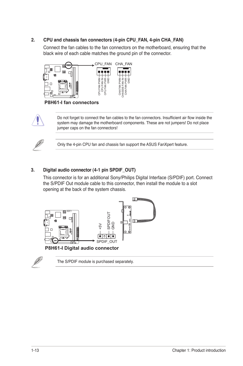 P8h61-i fan connectors, P8h61-i digital audio connector, 13 chapter 1: product introduction | Asus P8H61-I User Manual | Page 23 / 57