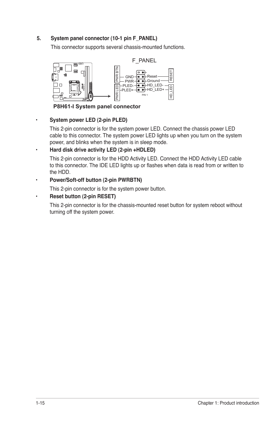 P8h61-i system panel connector, F_panel | Asus P8H61-I User Manual | Page 25 / 57