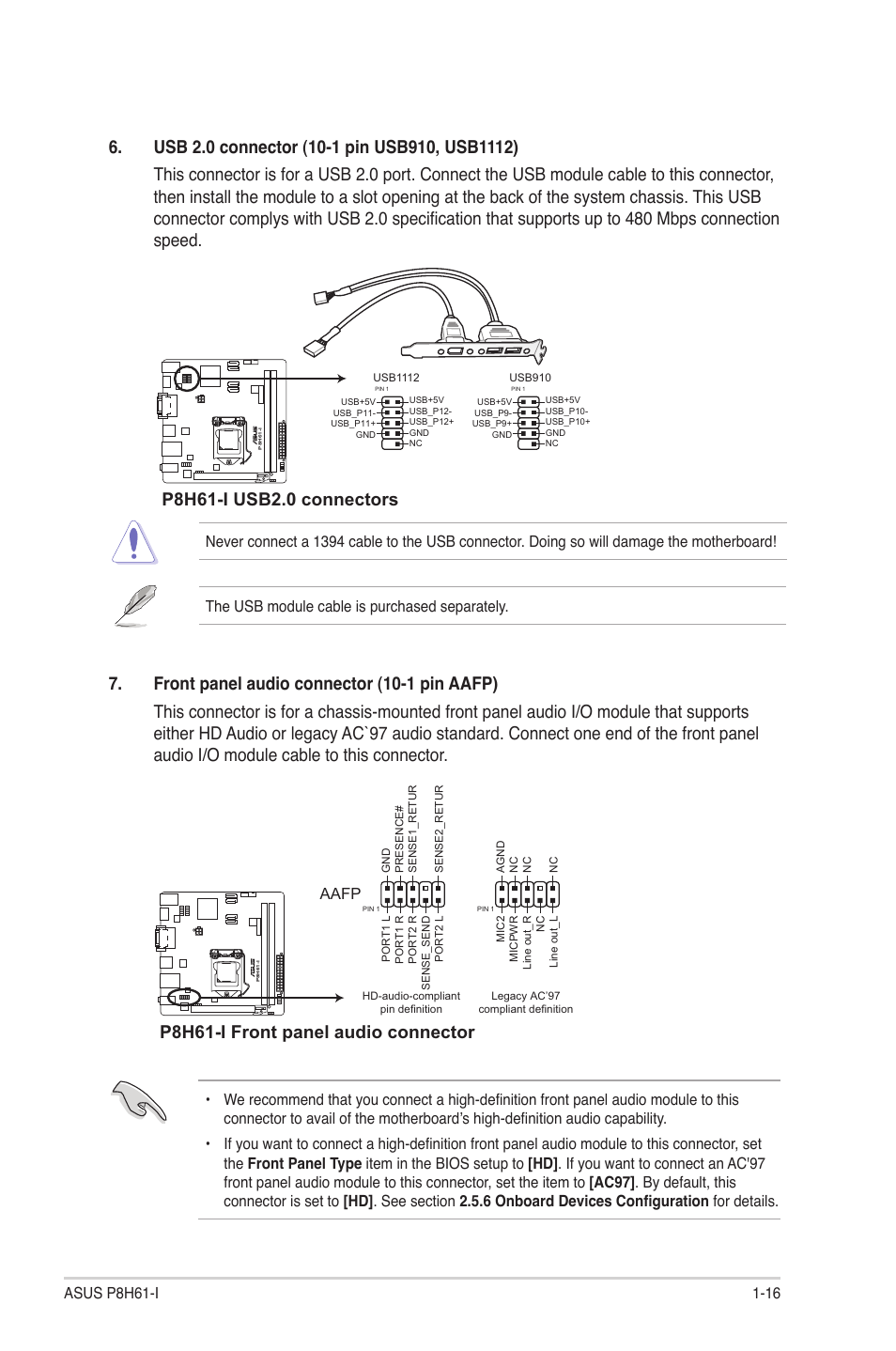 P8h61-i front panel audio connector, Aafp | Asus P8H61-I User Manual | Page 26 / 57