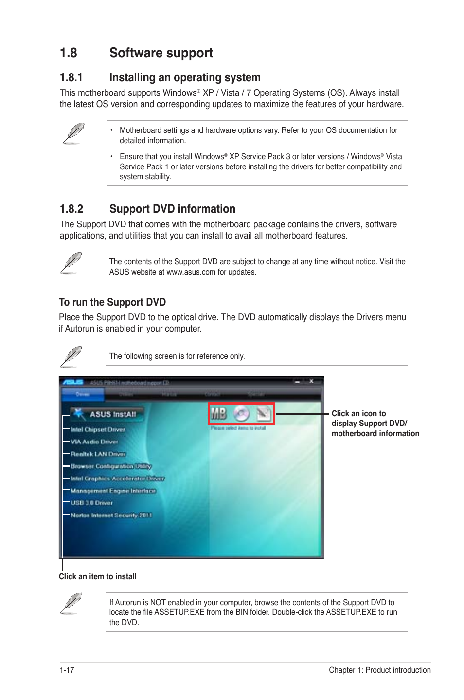 8 software support, 1 installing an operating system, 2 support dvd information | Software support -17 1.8.1, Installing an operating system -17, Support dvd information -17 | Asus P8H61-I User Manual | Page 27 / 57