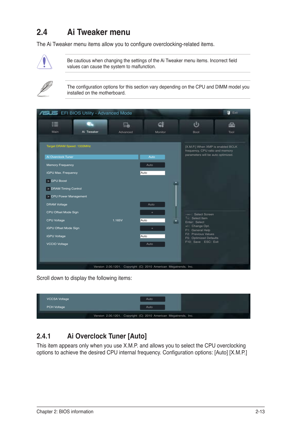 4 ai tweaker menu, 1 ai overclock tuner [auto, Ai tweaker menu -13 2.4.1 | Ai overclock tuner [auto] -13, Scroll down to display the following items, Chapter 2: bios information 2-13 | Asus P8H61-I User Manual | Page 41 / 57