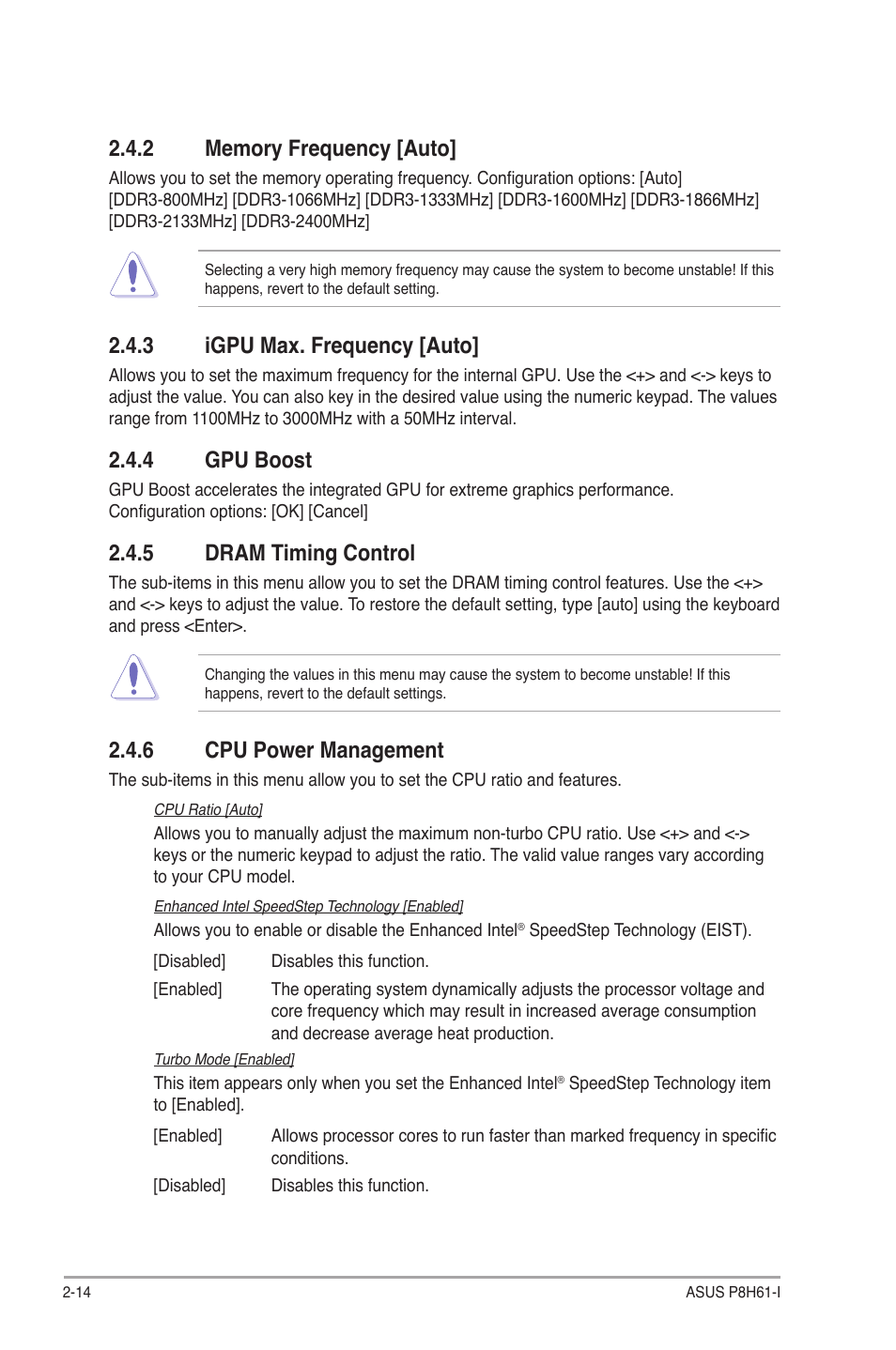 2 memory frequency [auto, 3 igpu max. frequency [auto, 4 gpu boost | 5 dram timing control, 6 cpu power management, Memory frequency [auto] -14, Igpu max. frequency [auto] -14, Gpu boost -14, Dram timing control -14, Cpu power management -14 | Asus P8H61-I User Manual | Page 42 / 57