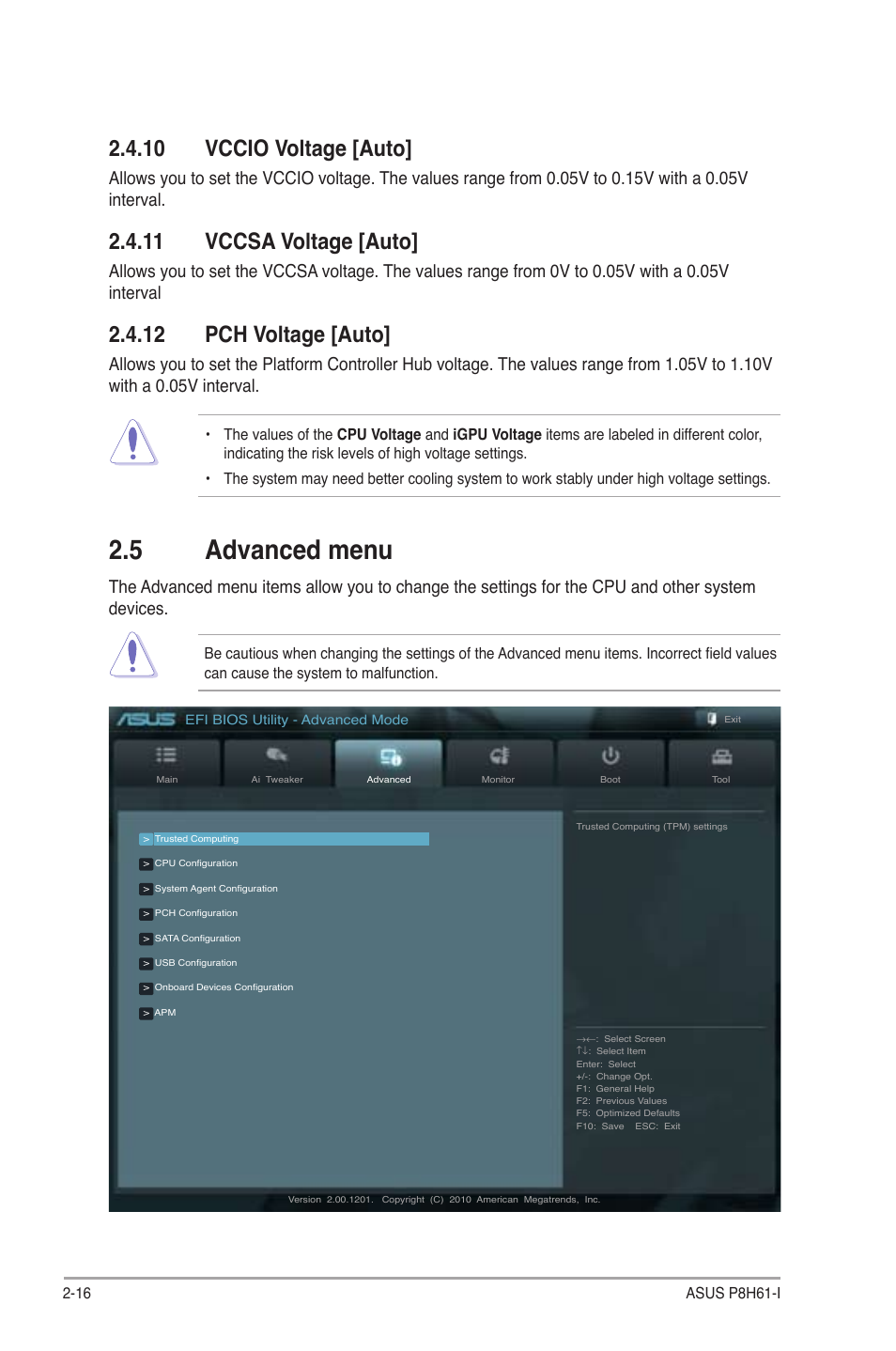 10 vccio voltage [auto, 11 vccsa voltage [auto, 12 pch voltage [auto | 5 advanced menu, Advanced menu -16 | Asus P8H61-I User Manual | Page 44 / 57