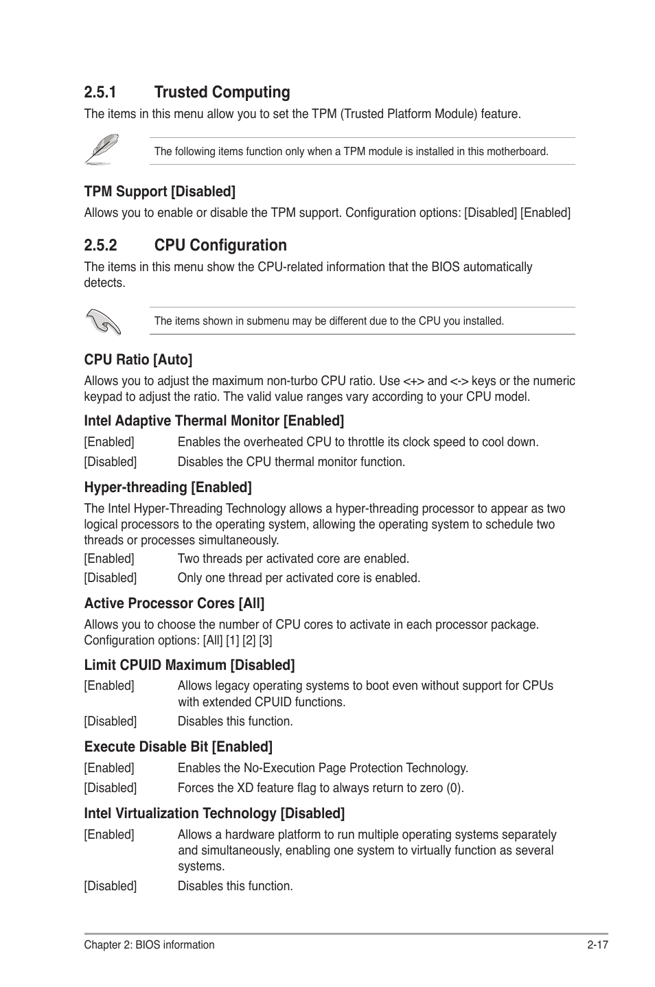 1 trusted computing, 2 cpu configuration, Trusted computing -17 | Cpu configuration -17 | Asus P8H61-I User Manual | Page 45 / 57