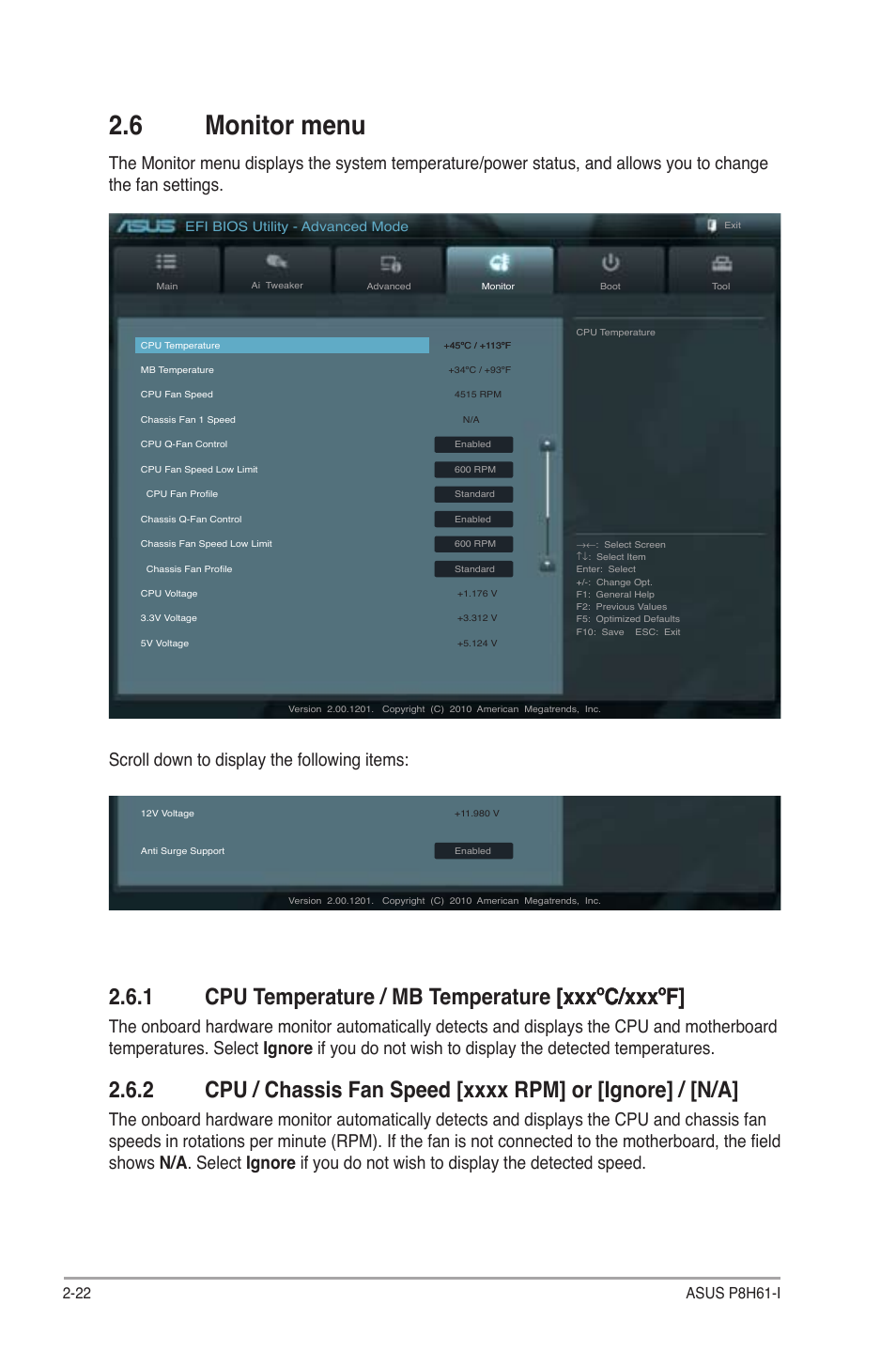 6 monitor menu, 1 cpu temperature / mb temperature [xxxºc/xxxºf, Monitor menu -22 2.6.1 | Cpu temperature / mb temperature [xxxºc/xxxºf] -22, Cpu / chassis, Speed [xxxx rpm] or [ignore] / [n/a] -22, Scroll down to display the following items | Asus P8H61-I User Manual | Page 50 / 57