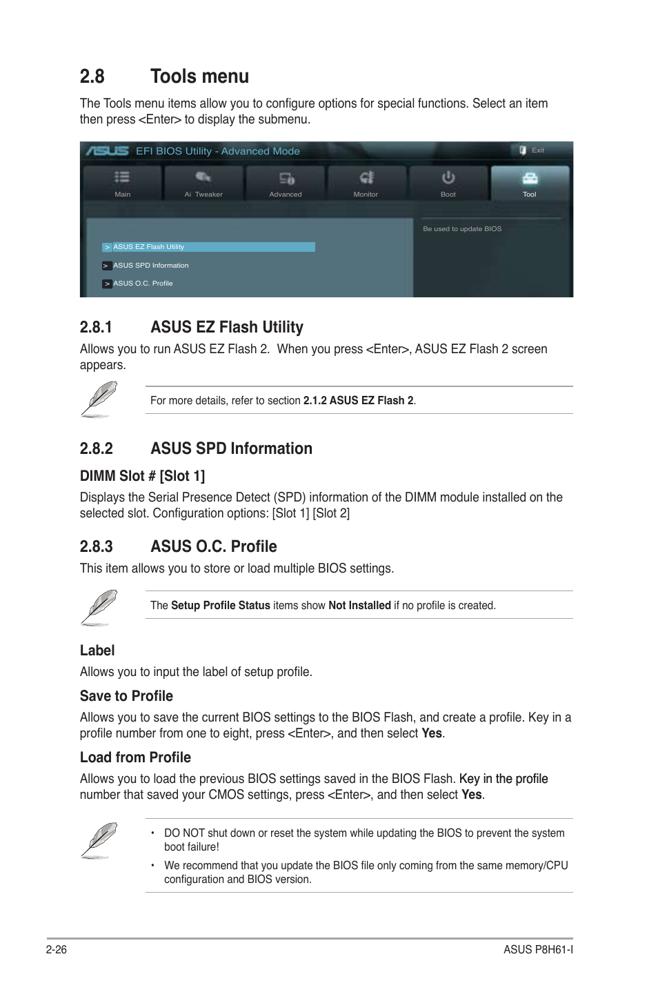 8 tools menu, 1 asus ez flash utility, 2 asus spd information | 3 asus o.c. profile, Tools menu -26 2.8.1, Asus ez flash utility -26, Asus spd information -26, Asus o.c. profile -26, Label, Save to profile | Asus P8H61-I User Manual | Page 54 / 57