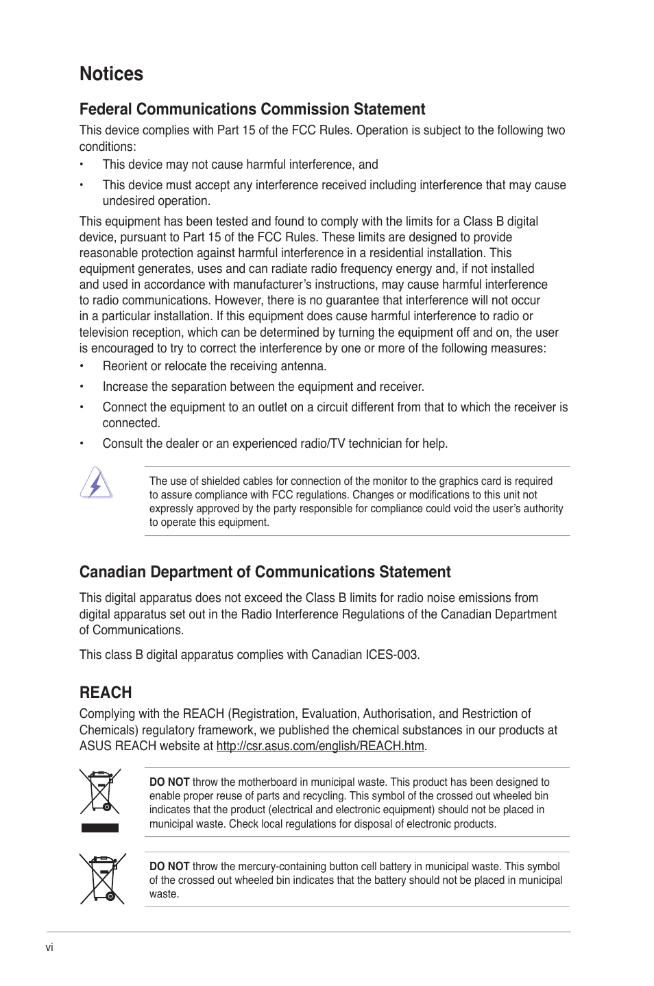 Notices, Federal communications commission statement, Canadian department of communications statement | Reach | Asus P8H61-I User Manual | Page 6 / 57
