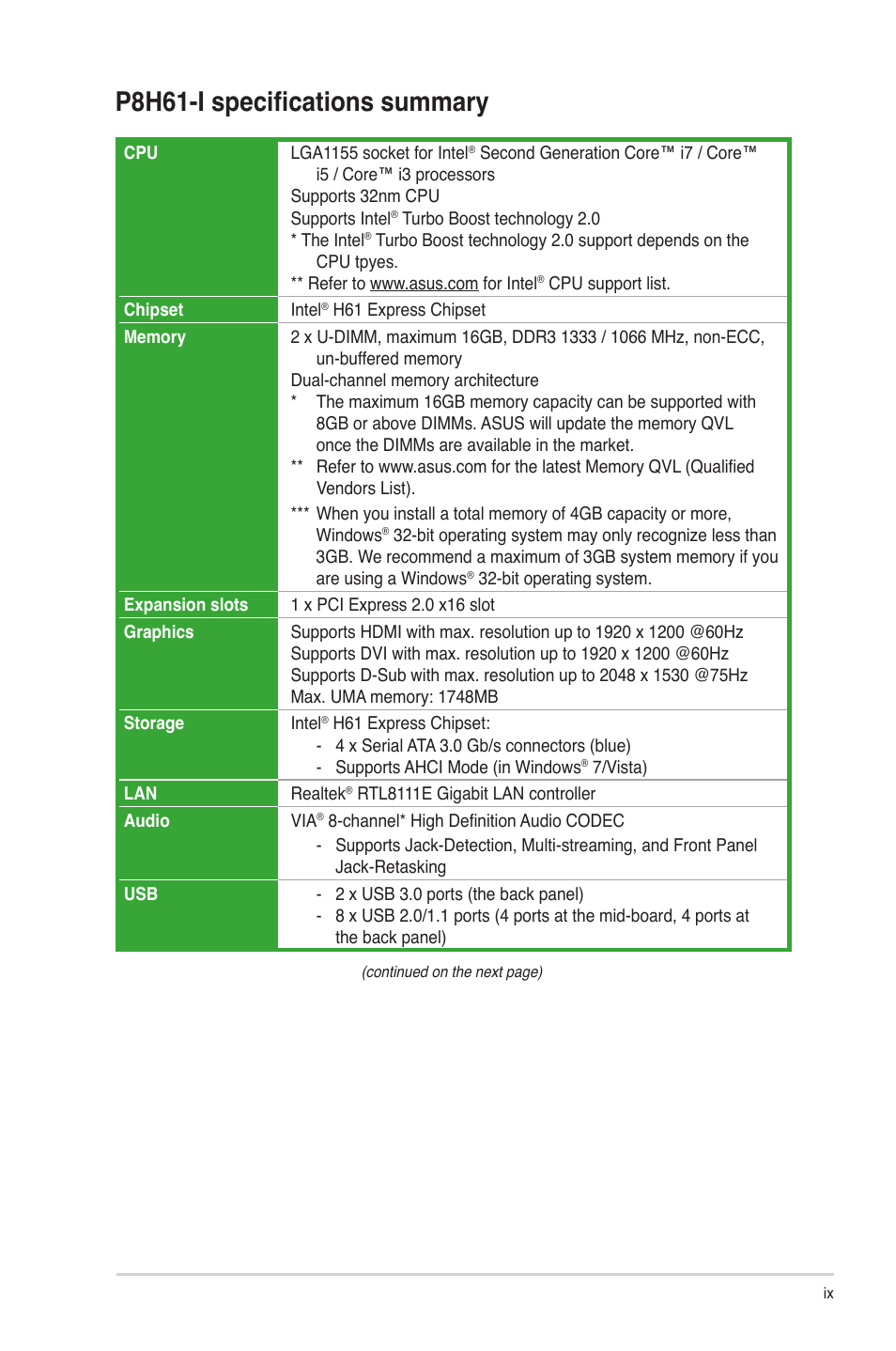 P8h61-i specifications summary | Asus P8H61-I User Manual | Page 9 / 57