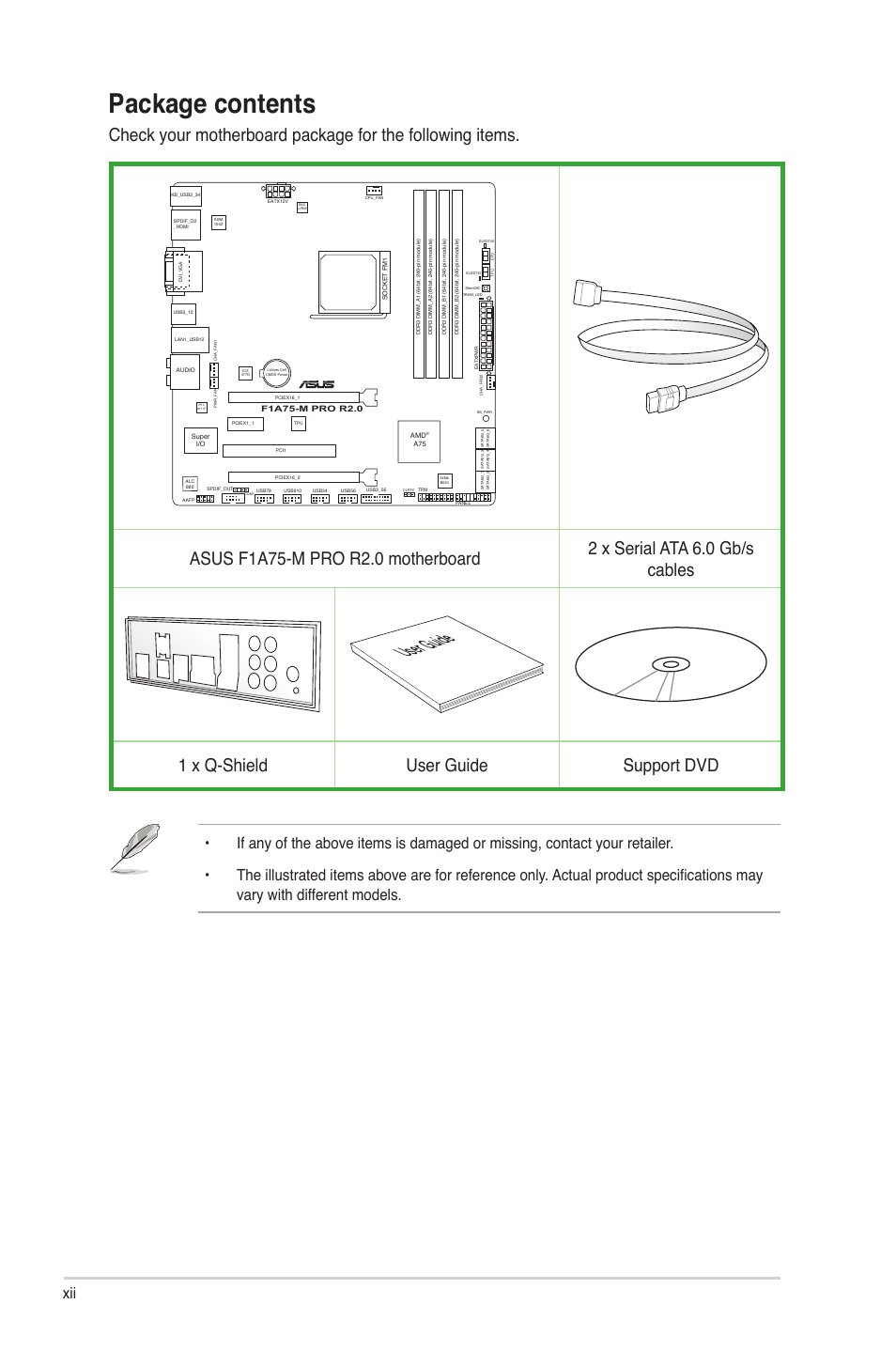 Package contents, User guide, 1 x q-shield user guide support dvd | Asus F1A75-M PRO R2.0 User Manual | Page 12 / 78