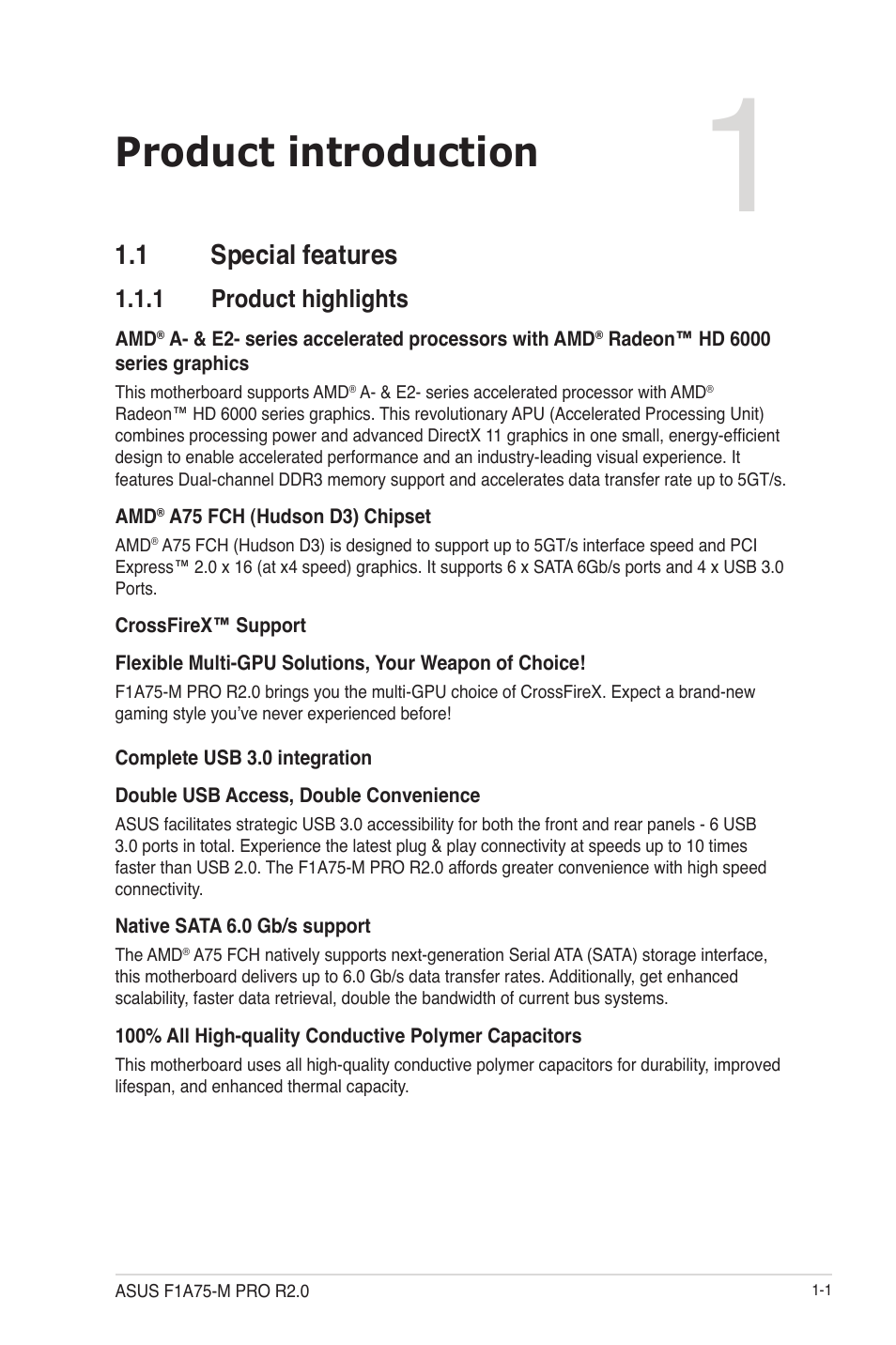 Chapter 1: product introduction, 1 special features, 1 product highlights | Product introduction, 1 special features -1, Product highlights -1 | Asus F1A75-M PRO R2.0 User Manual | Page 13 / 78