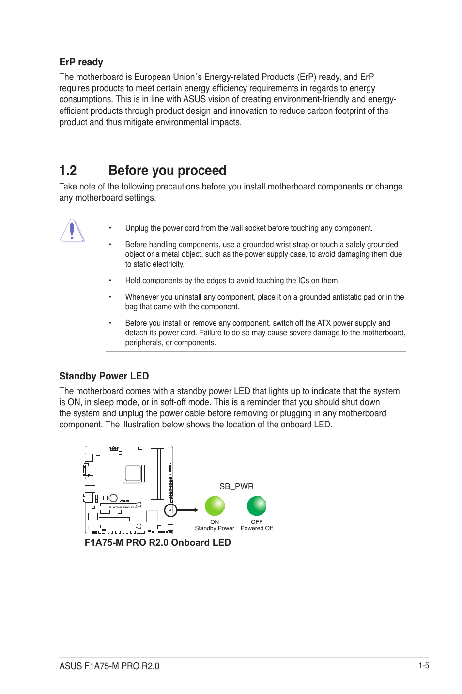 2 before you proceed, 2 before you proceed -5, Standby power led | Erp ready | Asus F1A75-M PRO R2.0 User Manual | Page 17 / 78