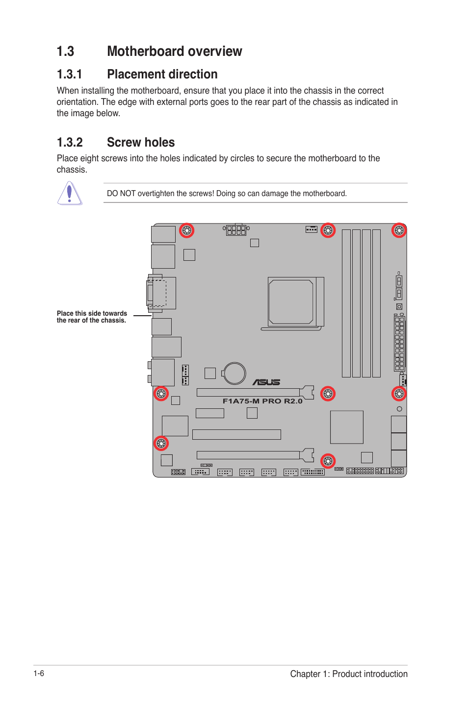 3 motherboard overview, 1 placement direction, 2 screw holes | 3 motherboard overview -6, Placement direction -6, Screw holes -6 | Asus F1A75-M PRO R2.0 User Manual | Page 18 / 78
