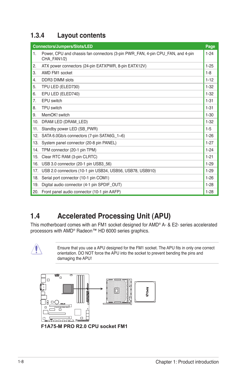 4 layout contents, 4 accelerated processing unit (apu), Layout contents -8 | 4 accelerated processing unit (apu) -8 | Asus F1A75-M PRO R2.0 User Manual | Page 20 / 78