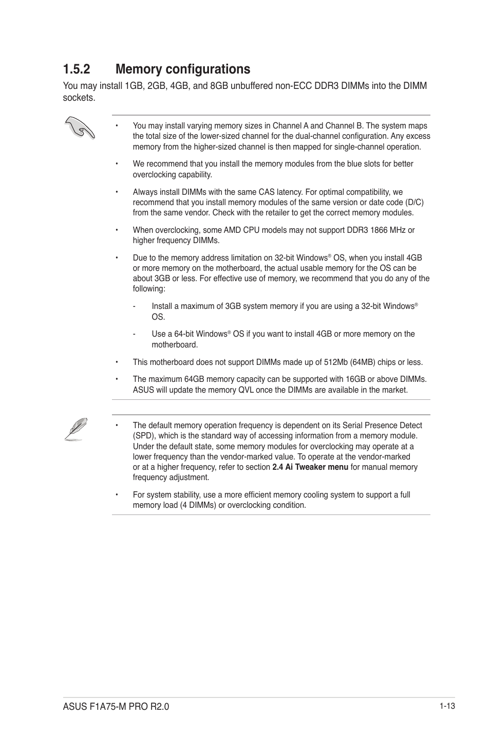 2 memory configurations, Memory configurations -13 | Asus F1A75-M PRO R2.0 User Manual | Page 25 / 78