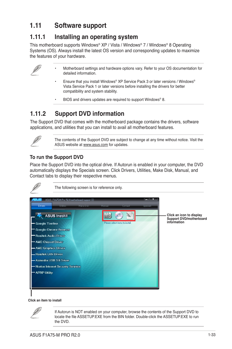 11 software support, 1 installing an operating system, 2 support dvd information | 11 software support -33 | Asus F1A75-M PRO R2.0 User Manual | Page 45 / 78