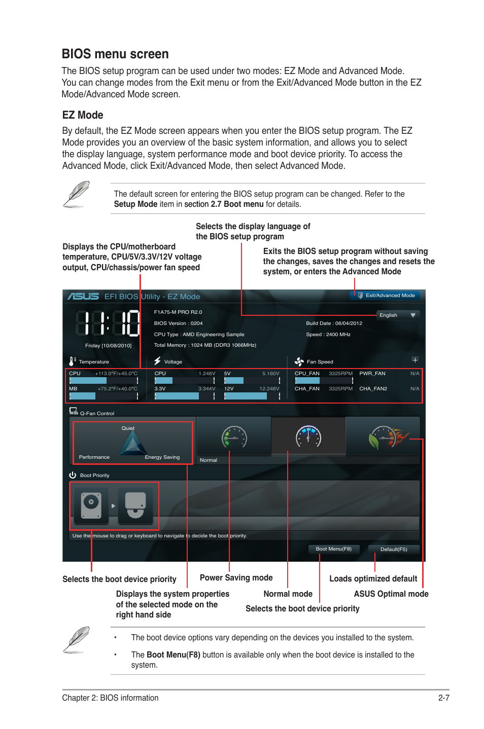 Bios menu screen, Ez mode, Chapter 2: bios information 2-7 | Asus F1A75-M PRO R2.0 User Manual | Page 53 / 78