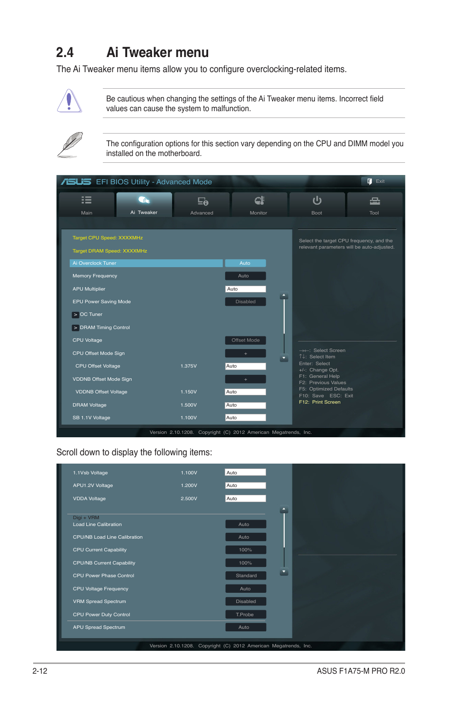 4 ai tweaker menu, 4 ai tweaker menu -12, Scroll down to display the following items | Efi bios utility - advanced mode | Asus F1A75-M PRO R2.0 User Manual | Page 58 / 78