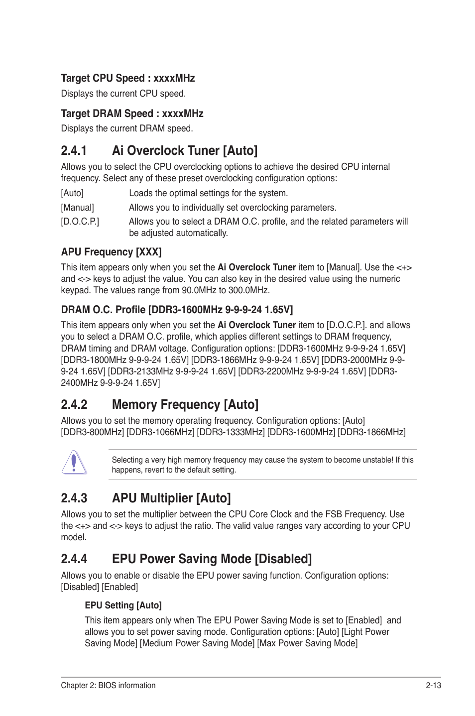 1 ai overclock tuner [auto, 2 memory frequency [auto, 3 apu multiplier [auto | 4 epu power saving mode [disabled, Ai overclock tuner [auto] -13, Memory frequency [auto] -13, Apu multiplier [auto] -13, Epu power saving mode [disabled] -13 | Asus F1A75-M PRO R2.0 User Manual | Page 59 / 78