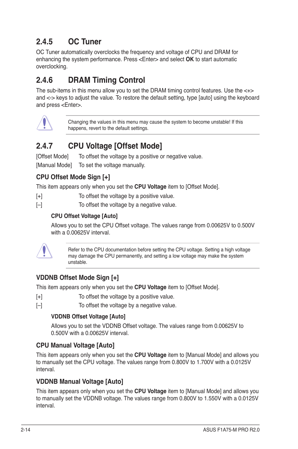 5 oc tuner, 6 dram timing control, 7 cpu voltage [offset mode | Oc tuner -14, Dram timing control -14, Cpu voltage [offset mode] -14 | Asus F1A75-M PRO R2.0 User Manual | Page 60 / 78