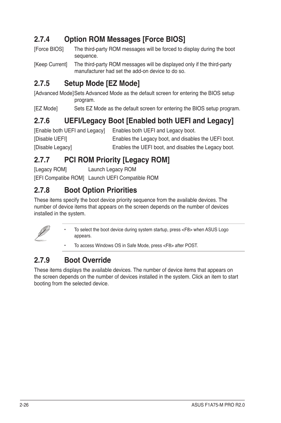 4 option rom messages [force bios, 5 setup mode [ez mode, 6 uefi/legacy boot [enabled both uefi and legacy | 7 pci rom priority [legacy rom, 8 boot option priorities, 9 boot override, Option rom messages [force bios] -26, Setup mode [ez mode] -26, Pci rom priority [legacy rom] -26, Boot option priorities -26 | Asus F1A75-M PRO R2.0 User Manual | Page 72 / 78