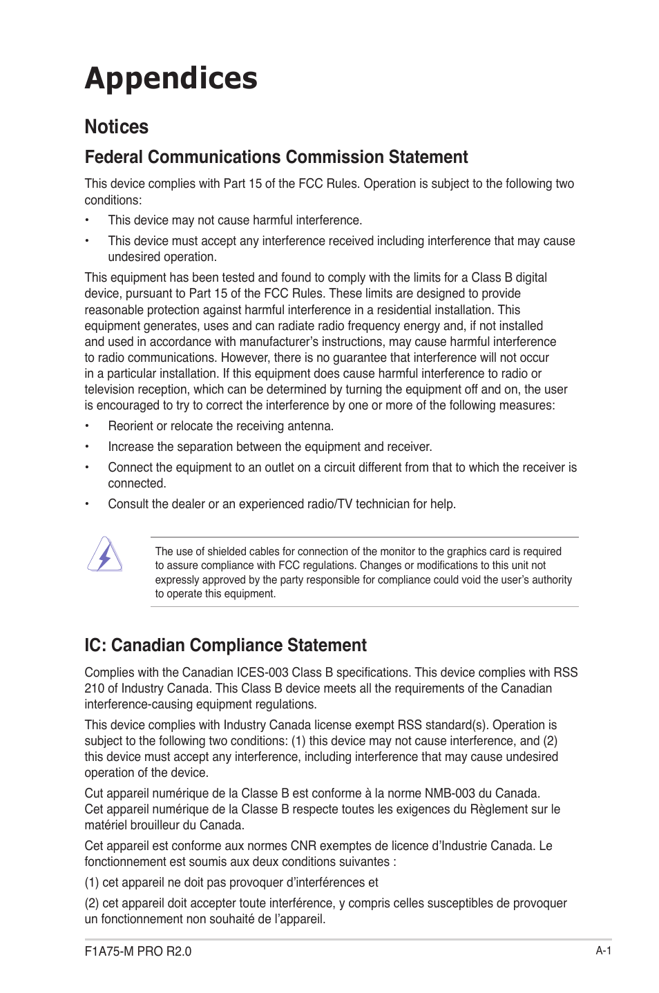 Appendices, Notices, Federal communications commission statement | Ic: canadian compliance statement | Asus F1A75-M PRO R2.0 User Manual | Page 75 / 78