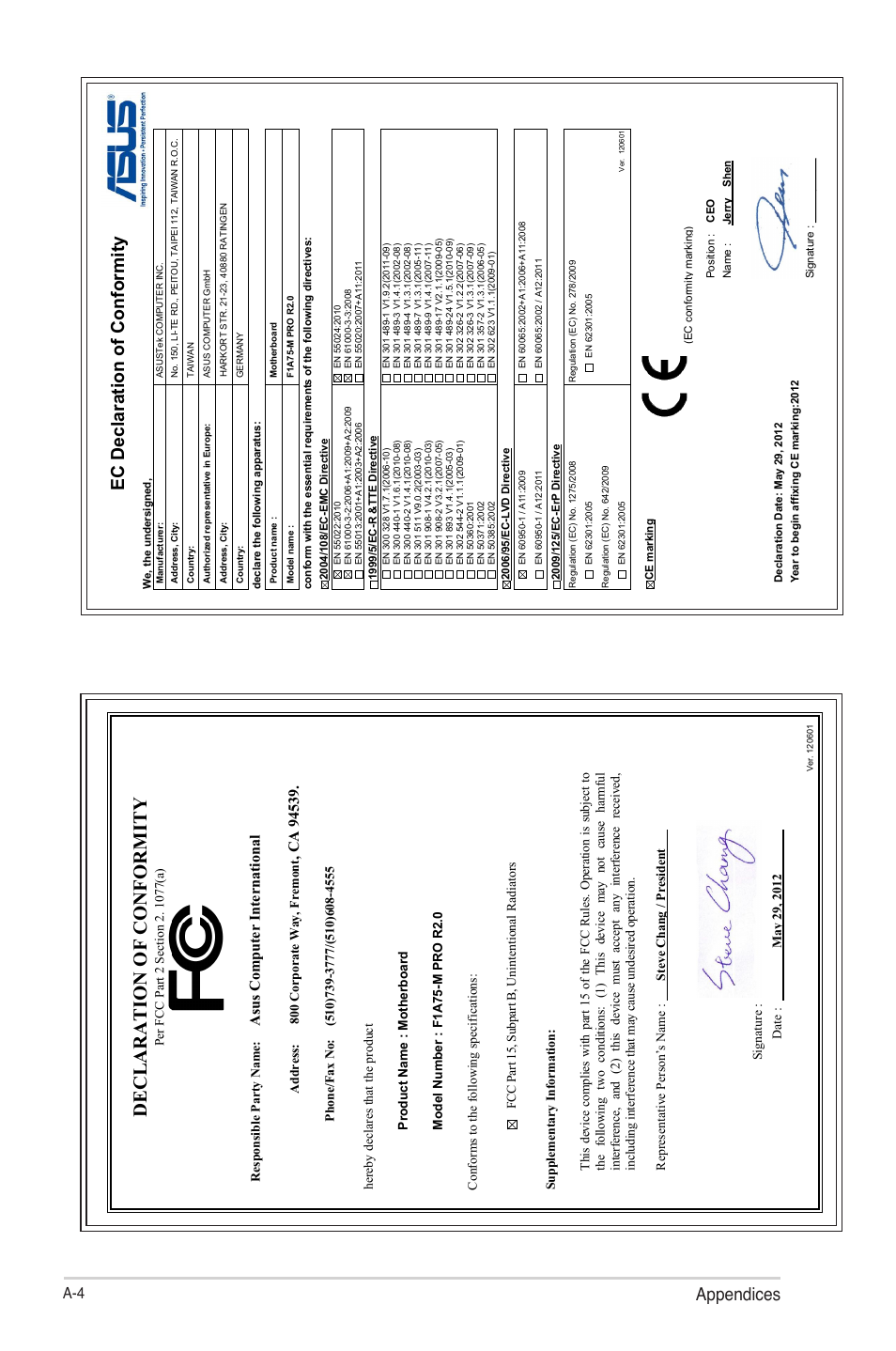 Declaration of conformity, Appendices, Ec declaration of conformity | Asu s c om pu te r in te rn at io na l | Asus F1A75-M PRO R2.0 User Manual | Page 78 / 78