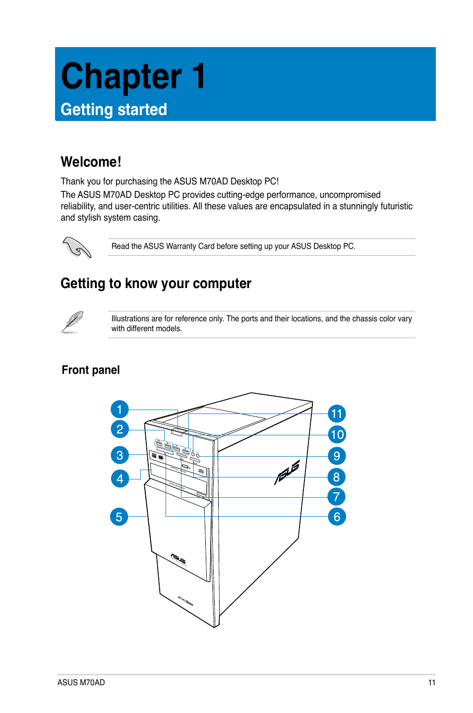 Chapter 1: getting started, Welcome, Getting to know your computer | Getting started, Welcome! getting to know your computer, Chapter 1 | Asus M70AD User Manual | Page 11 / 59