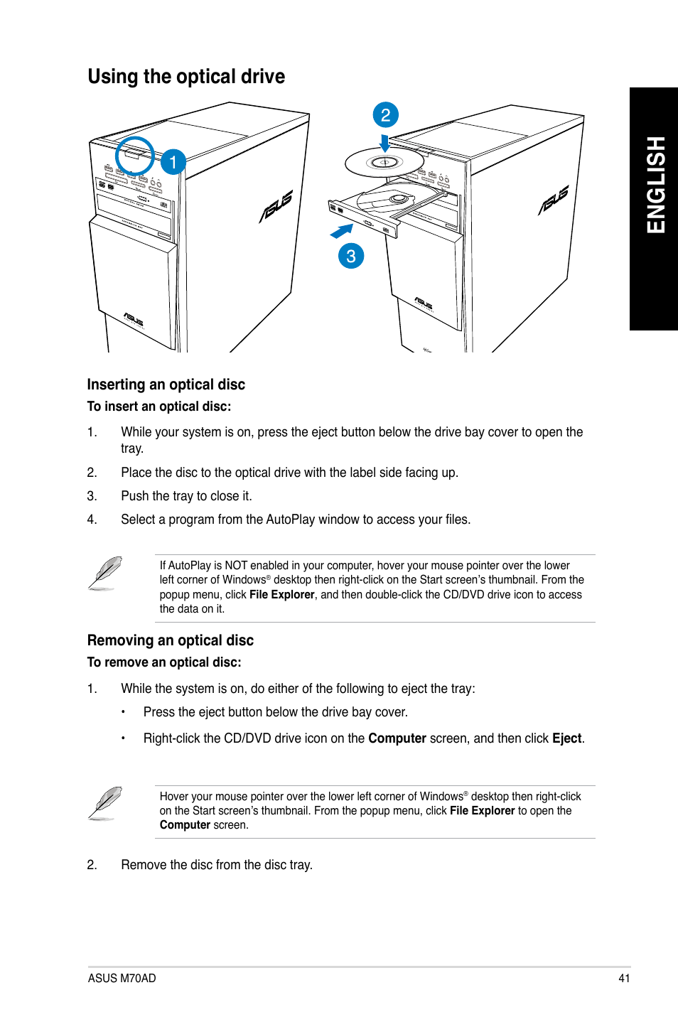 Using the optical drive, En gl is h en gl is h | Asus M70AD User Manual | Page 41 / 59