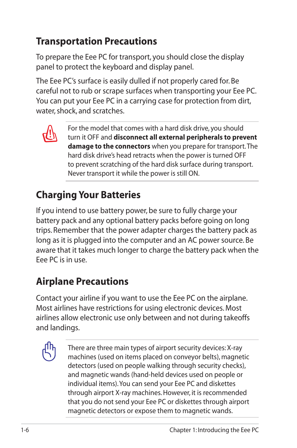 Transportation precautions, Charging your batteries, Airplane precautions | Asus Eee PC 1000HE User Manual | Page 10 / 86