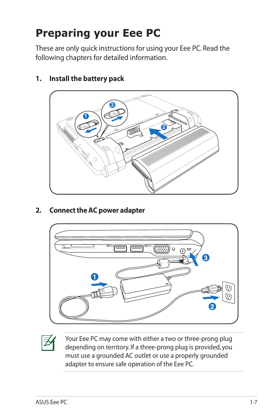 Preparing your eee pc | Asus Eee PC 1000HE User Manual | Page 11 / 86